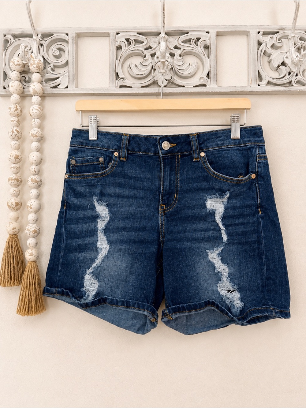 Indigo Rein Dark Blue Distressed Denim Shorts